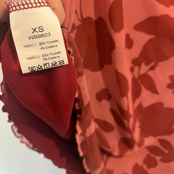 Y2K Style Burgundy Floral Long Sleeve Blouse w/ Sheer Sleeve & Open Back | Sz XS - Picture 5 of 7